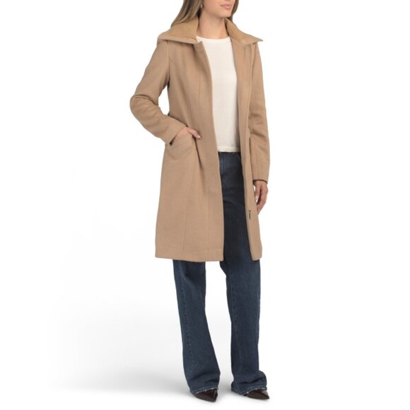 SAM EDELMAN Camel Wool Blend Trench Coat With Ribbed Knit Collar - Picture 1 of 2
